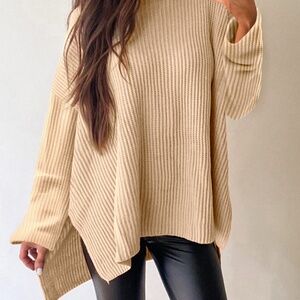 B039 Apricot Plain Side Slit Oversized Sweater